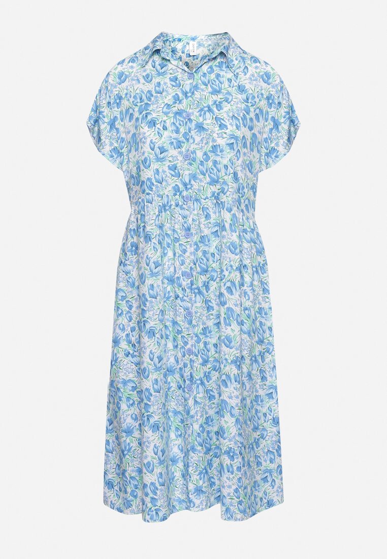 Niebieska Koszulowa Sukienka z Bawełny Zapinana na Guziki Tesadia