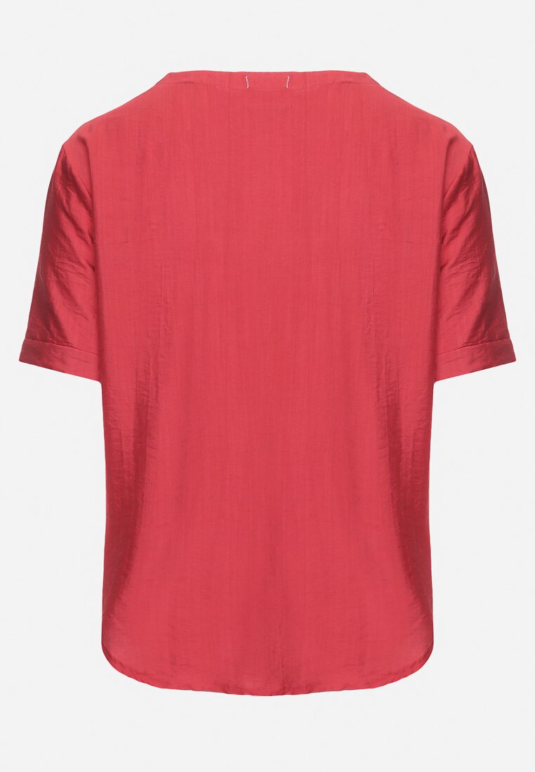 Bordowa Bawełniana Bluzka T-shirt z Krótkim Rękawem z Nadrukiem i Guzikami Fiomara