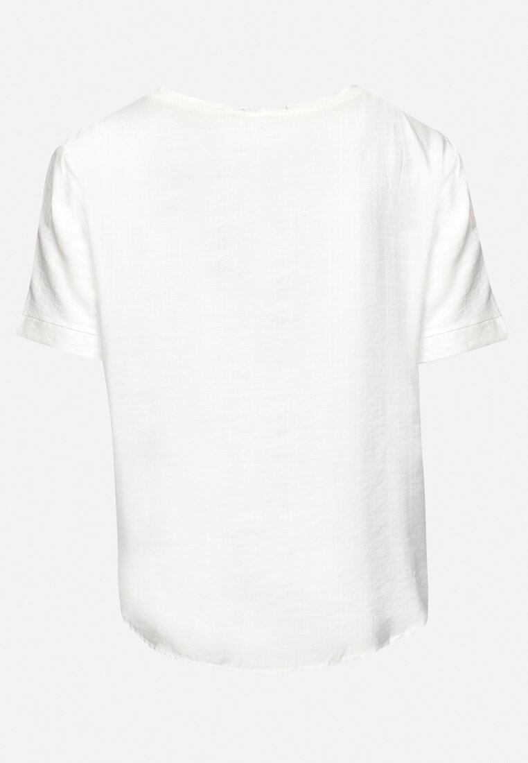 Biała Bawełniana Bluzka T-shirt z Krótkim Rękawem z Nadrukiem i Guzikami Fiomara