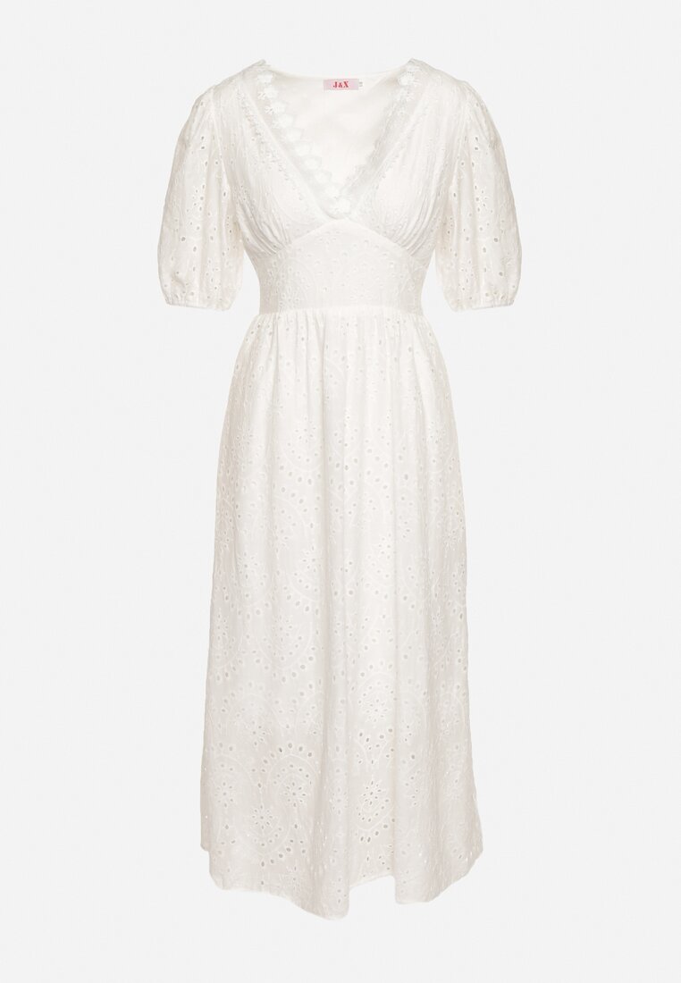 Biała Bawełniana Sukienka z Haftowanej Tkaniny z Gumkami w Pasie Folvira