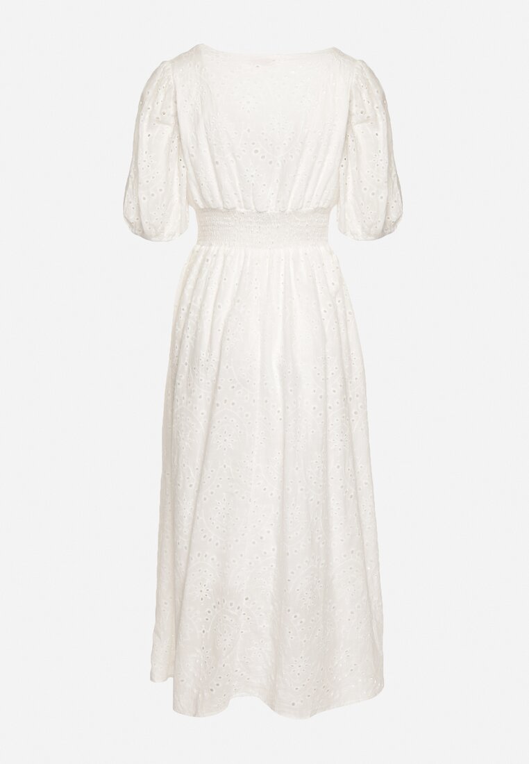 Biała Bawełniana Sukienka z Haftowanej Tkaniny z Gumkami w Pasie Folvira