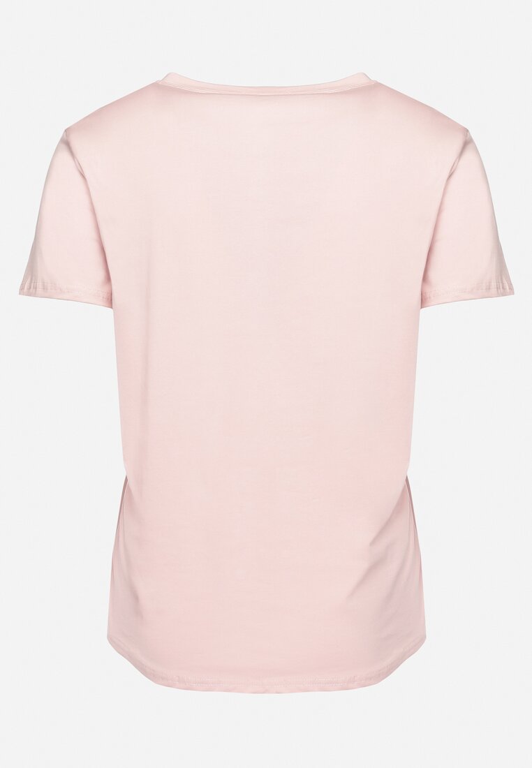 Różowy Bawełniany T-shirt z Krótkim Rękawem z Przodu Ozdobiony Guzikami i Cyrkoniami Silliana