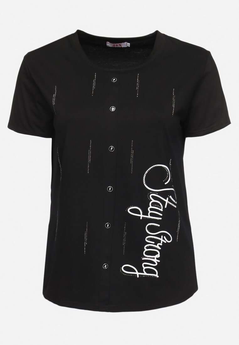 Czarny Bawełniany T-shirt z Krótkim Rękawem z Przodu Ozdobiony Guzikami i Cyrkoniami Silliana