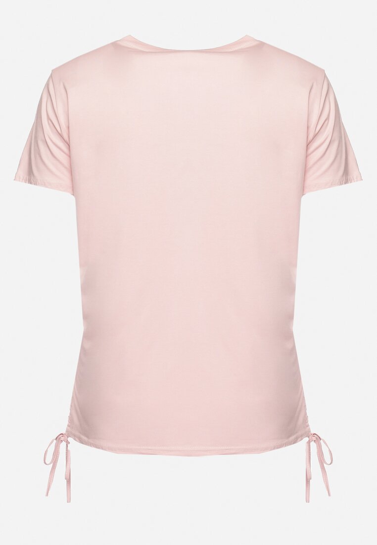Różowy T-shirt z Bawełny Ozdobiony Cyrkoniami i Ściągaczami po Bokach Forena