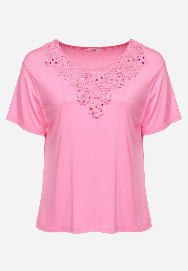 Różowy T-shirt Koszulka z Krótkim Rękawem z Dekoltem Ozdobionym Koronką i Cyrkoniami Novilla