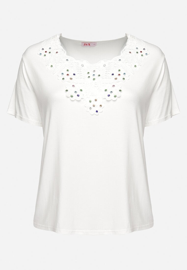 Biały T-shirt Koszulka z Krótkim Rękawem z Dekoltem Ozdobionym Koronką i Cyrkoniami Novilla