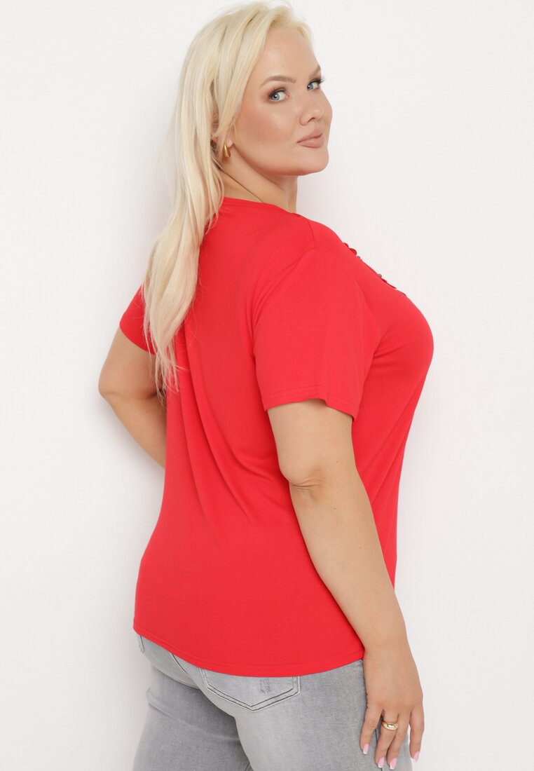 Czerwony T-shirt Koszulka z Krótkim Rękawem z Dekoltem Ozdobionym Koronką i Cyrkoniami Novilla