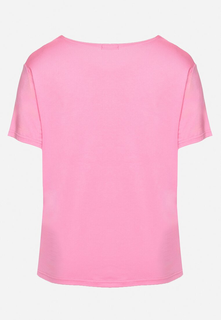 Różowy T-shirt Koszulka z Krótkim Rękawem z Dekoltem Ozdobionym Koronką i Cyrkoniami Lovita