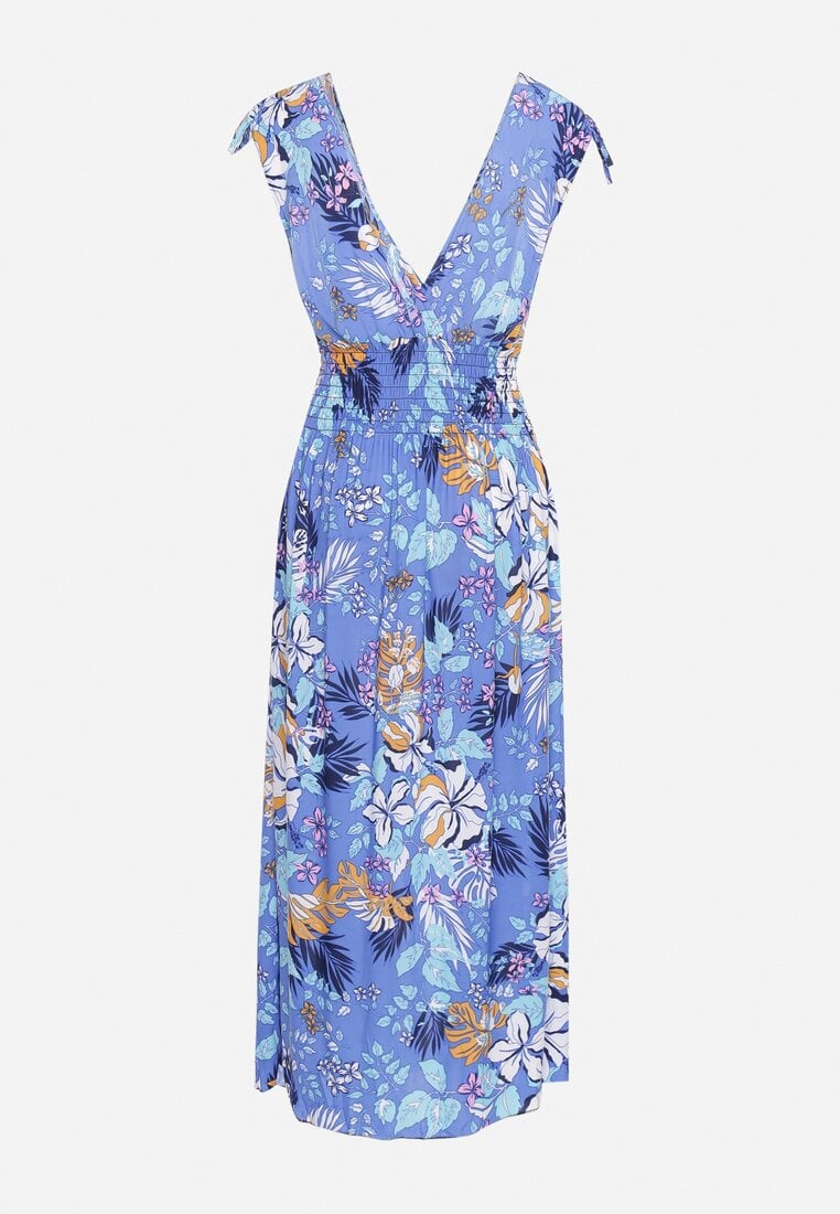 Niebieska Sukienka z Kopertowym Dekoltem w Kwiaty z Gumką w Pasie Fionessa