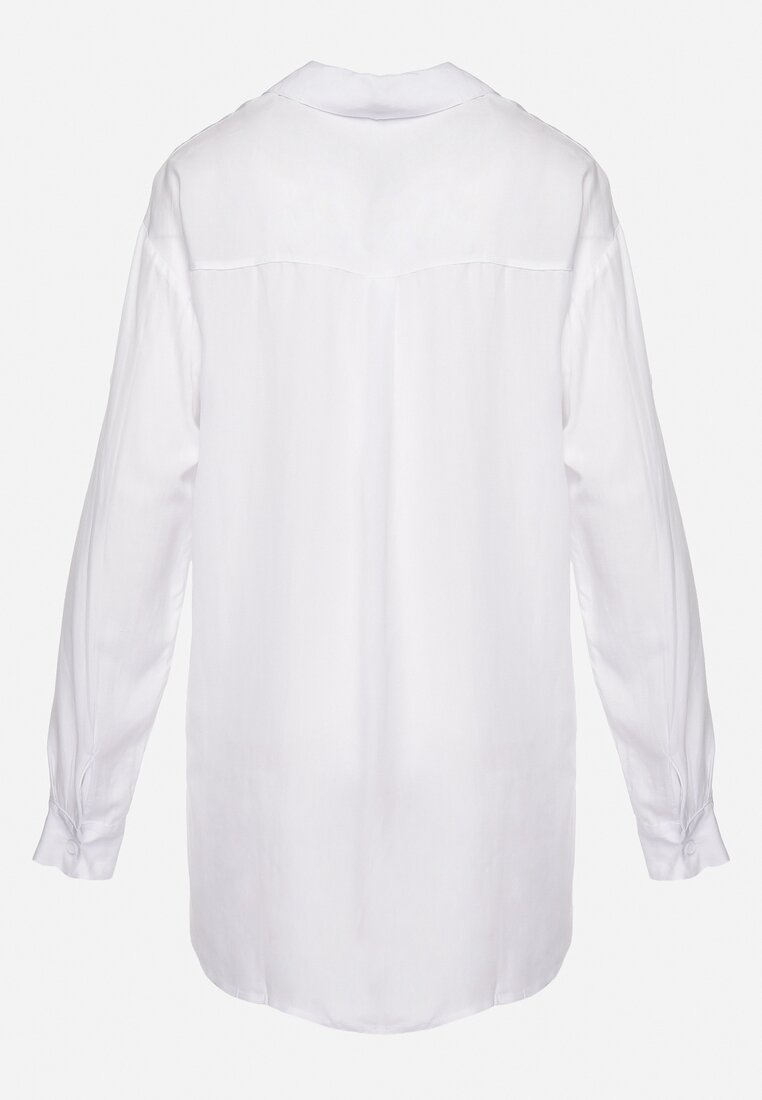 Biała Koszula z Dodatkiem Lnu z Długim Rękawem z Możliwością Podwinięcia Zapinana na Guziki Tesasophi