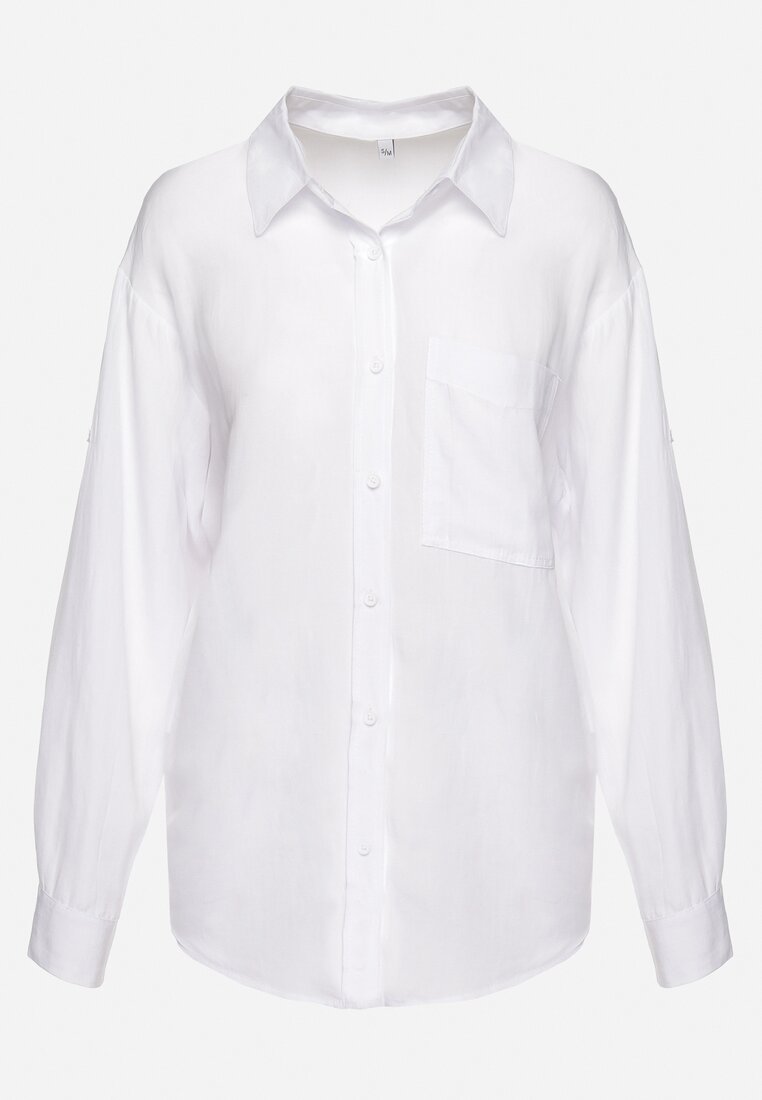 Biała Koszula z Wiskozą i Lnem Zapinana na Guziki z Podpinanymi Rękawami Neloma