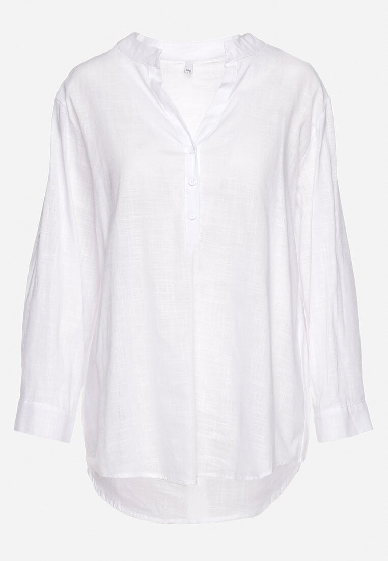 Biała Koszula z Dodatkiem Lnu Zapinana na Guziki przy Dekolcie z Podwijanymi Rękawami Ellesia