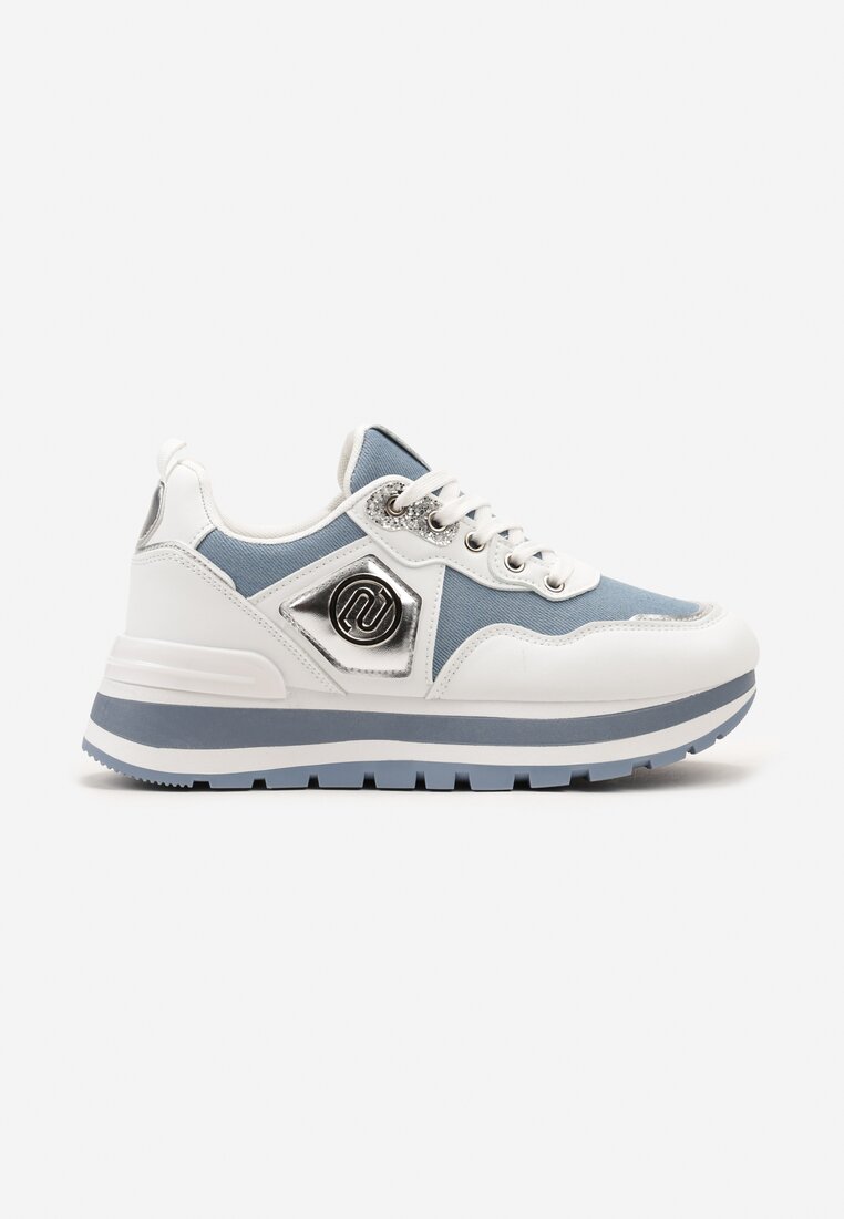 Biało-Niebieskie Sneakersy z Imitacji Skóry ze Sznurowaniami i Aplikacją Obinaria