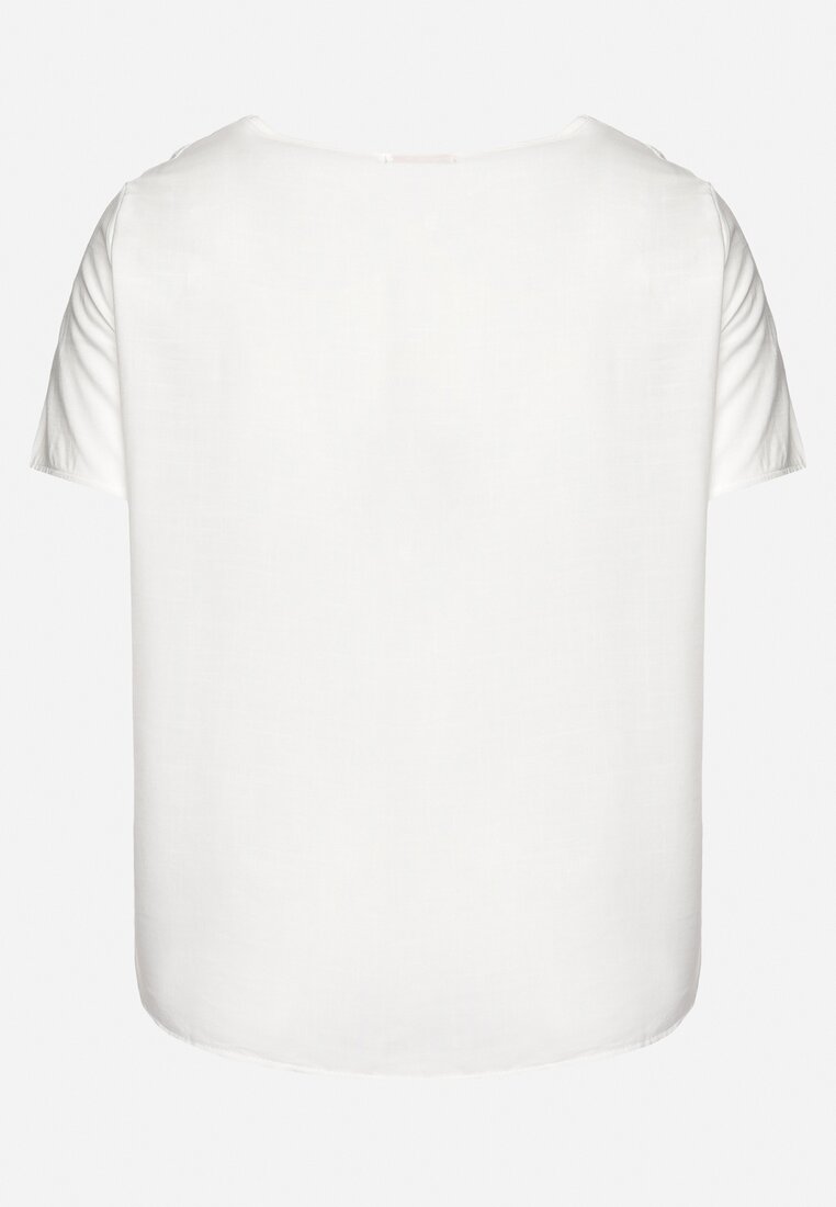 Biały T-shirt Bluzka z Krótkim Rękawem z Ozdobnym HaftemTesagia