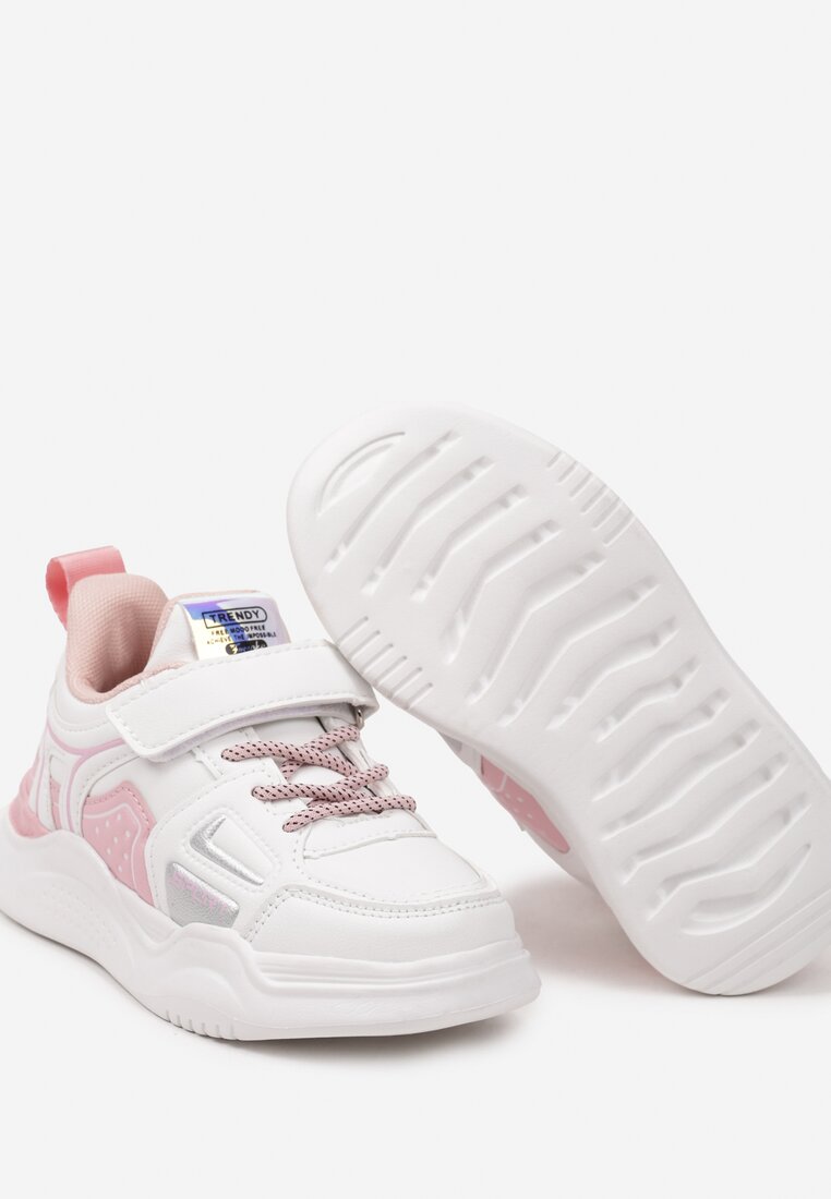 Biało-Różowe Buty Sportowe Sneakersy na Płaskiej Podeszwie na Rzep i ze Sznurowaniem z Ozdobnymi Wstawkami Fraestia