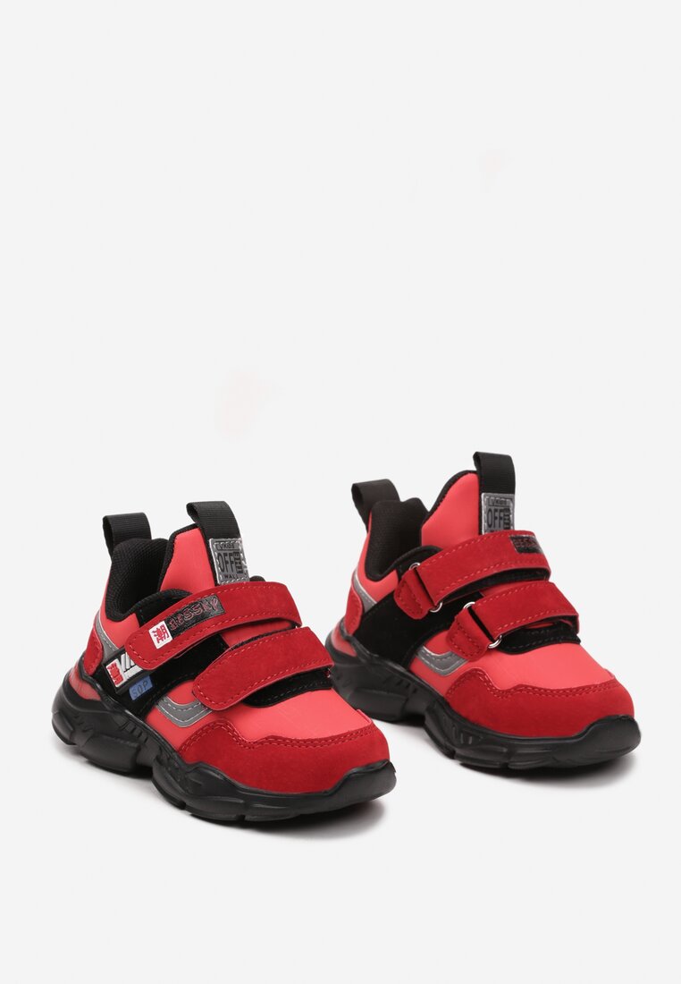 Czerwono-Czarne Płaskie Buty Sportowe na Rzep Wykończone Metalicznymi Wstawkami Tiabella