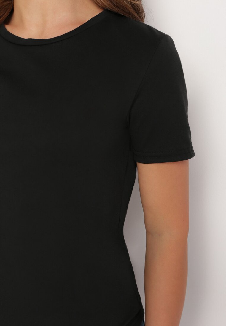 Czarny Gładki T-shirt z Krótkim Rękawem Elldora