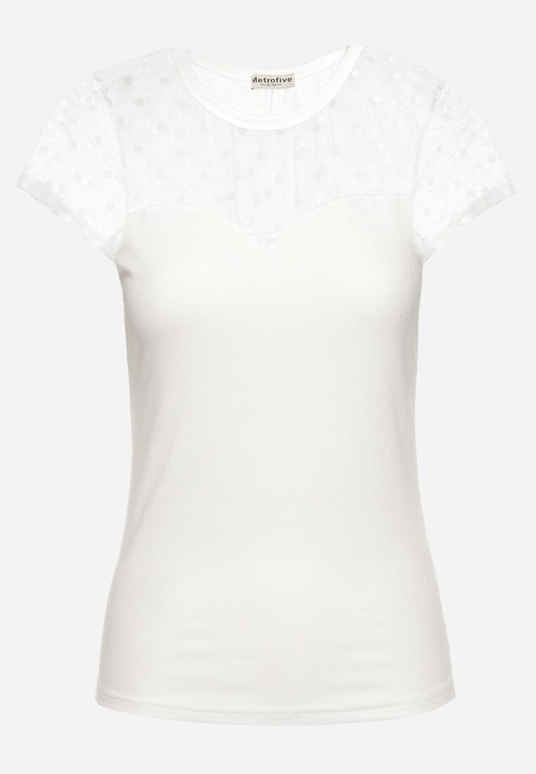 Biały Wiskozowy T-shirt Bluzka z Przezroczystymi Rękawami i Dekoltem Fiavara