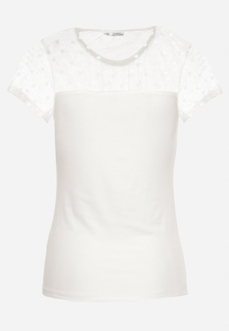 Biały Wiskozowy T-shirt Bluzka z Przezroczystymi Rękawami i Dekoltem Fiavara