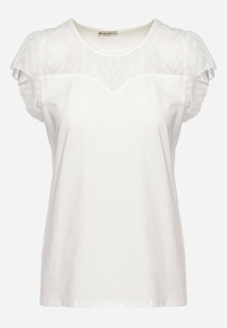 Biały Bawełniany T-shirt Bluzka z Przezroczystymi Rękawami i Dekoltem Lavinara