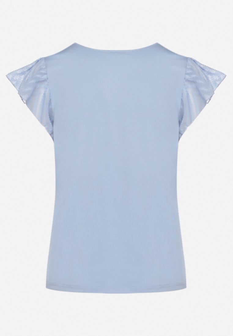 Niebieski Bawełniany T-shirt Bluzka z Przezroczystymi Rękawami i Dekoltem Lavinara