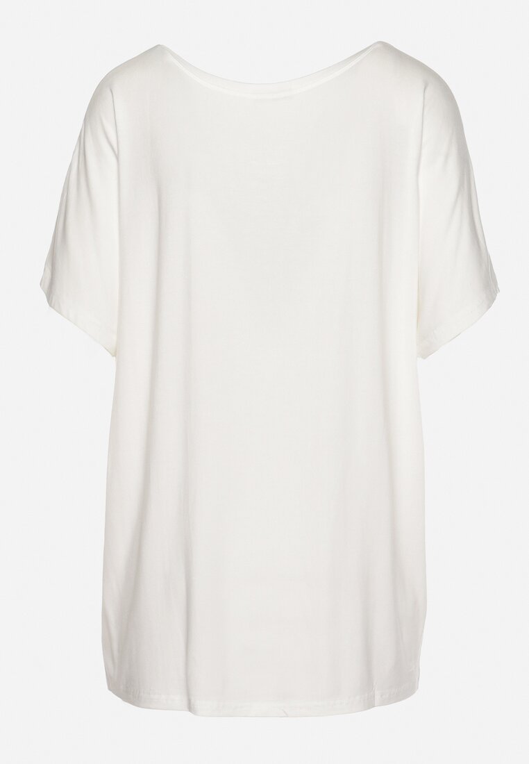 Biały Wiskozowy T-shirt Koszulka z Rękawami Typu Nietoperz z Ozdobnym Napisem Comalita