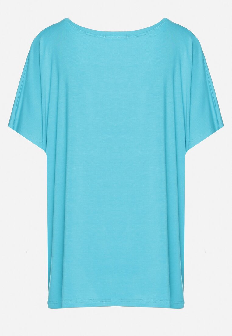 Niebieski Wiskozowy T-shirt Koszulka z Rękawami Typu Nietoperz z Ozdobnym Napisem Comalita