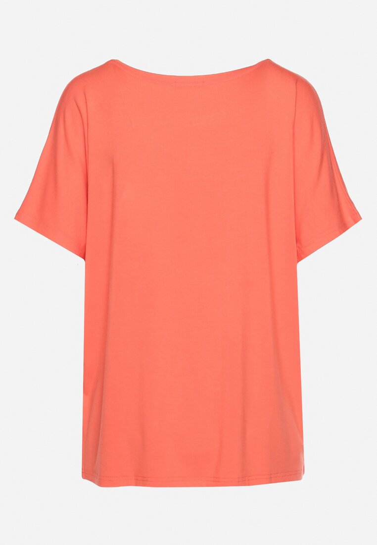Pomarańczowy Wiskozowy T-shirt Koszulka z Rękawami Typu Nietoperz z Ozdobnym Napisem Comalita