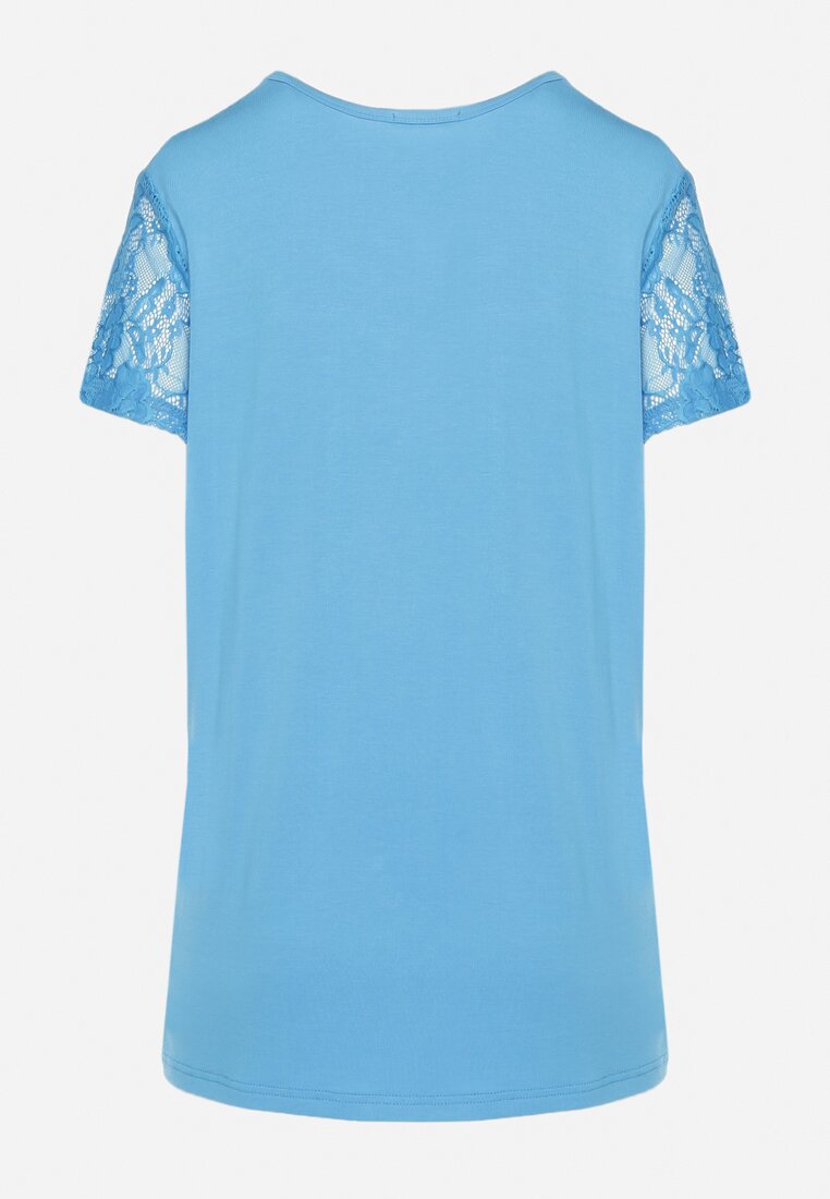 Niebieska Koszulka T-shirt z Wiskozy z Krótkim Rękawem i Koronką Relliara