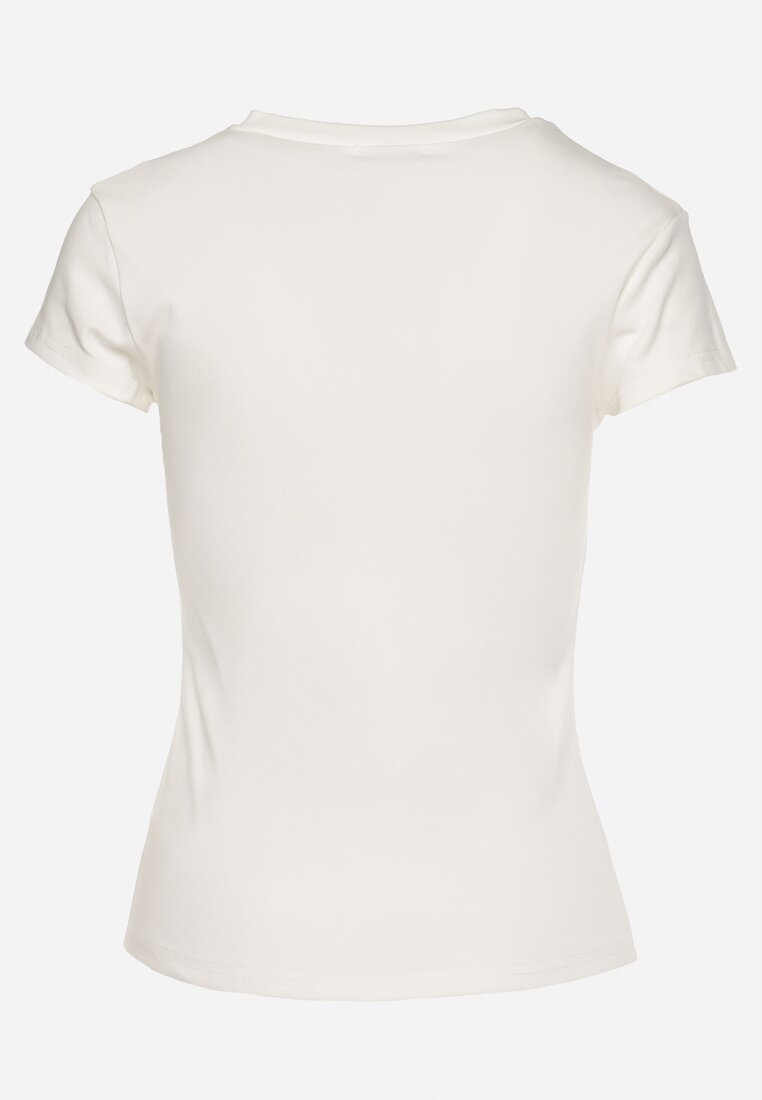 Biały Bawełniany T-shirt Koszulka z Krótkim Rękawem z Napami przy Dekolcie Fiasta