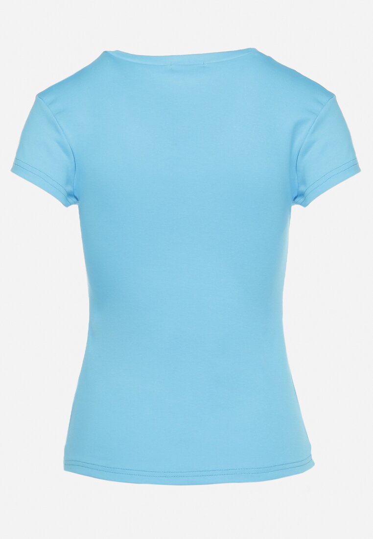 Niebieski Bawełniany T-shirt Koszulka z Krótkim Rękawem z Napami przy Dekolcie Fiasta