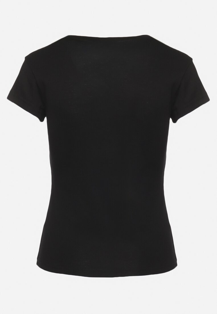Czarny Bawełniany T-shirt Koszulka z Krótkim Rękawem z Napami przy Dekolcie Fiasta