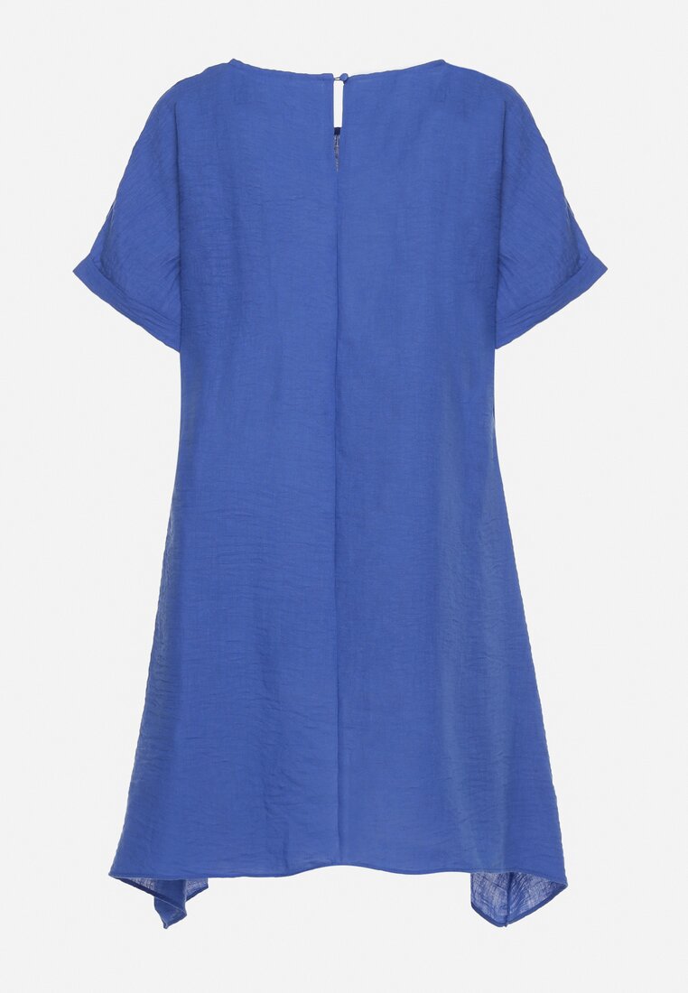 Niebieska Tunika Sukienka z Krótkim Rękawem i Asymetrycznym Dołem Fianda