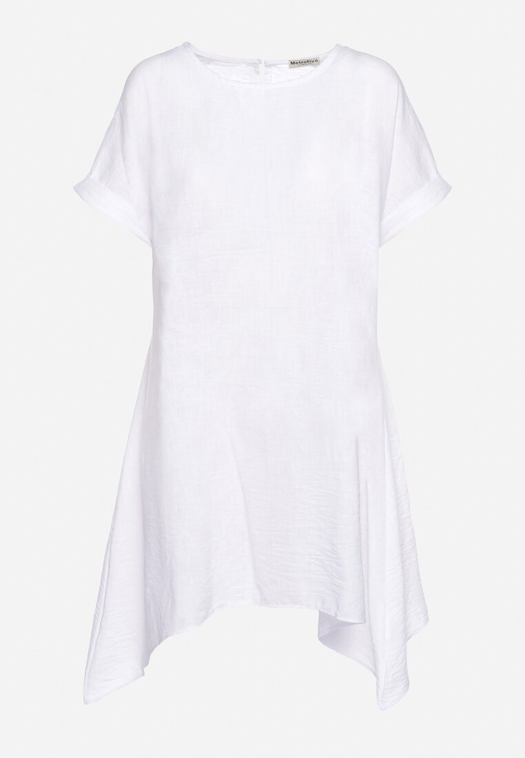 Biała Tunika Sukienka z Krótkim Rękawem i Asymetrycznym Dołem Fianda