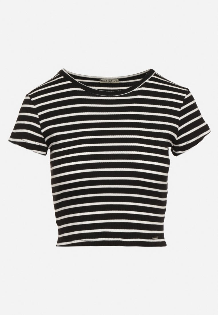 Czarno-Biały Bawełniany T-shirt Prążkowany o Krótkim Kroju Quedara