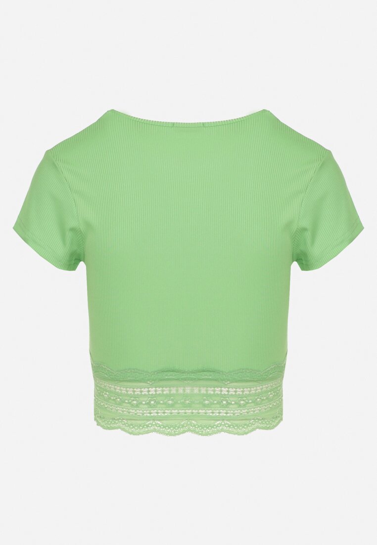 Zielony T-shirt Top z Krótkim Rękawem z Dołem Ozdobionym Koronką Vavilla