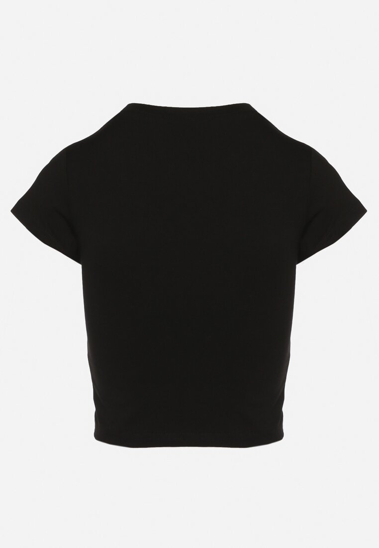 Czarny Dopasowany T-shirt Cropped z Napisem z Pzodu Yaloena