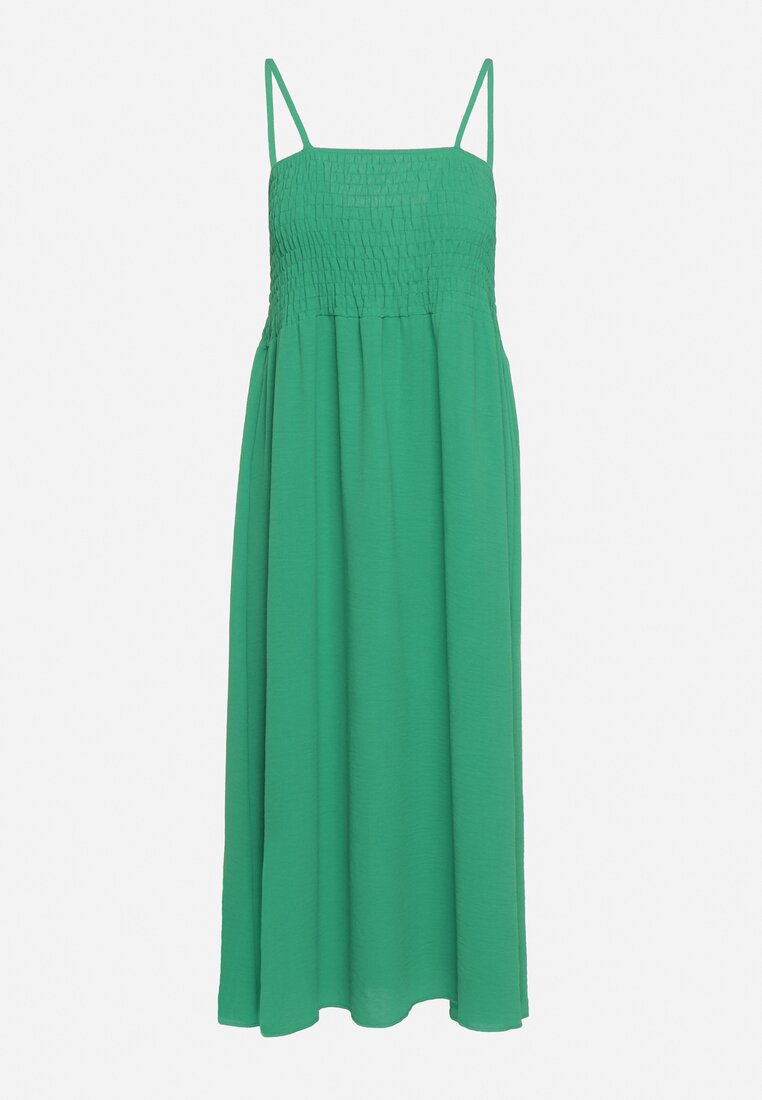 Zielona Sukienka na Cienkich Ramiączkach z Marszczoną Górą Ebissa