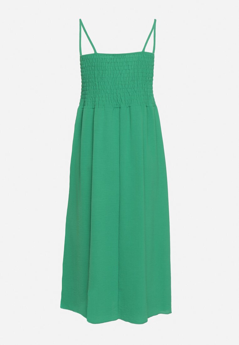 Zielona Sukienka na Cienkich Ramiączkach z Marszczoną Górą Ebissa