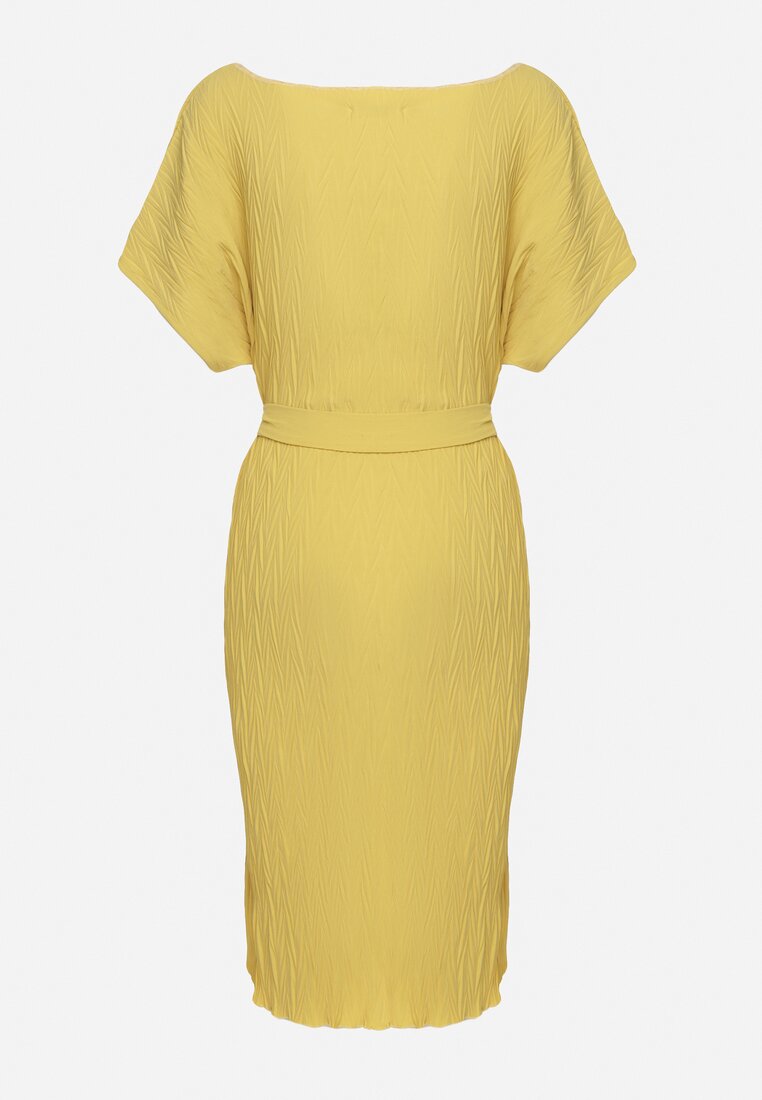 Żółta Sukienka z Krótkim Rękawem i Materiałowym Paskiem Ellata