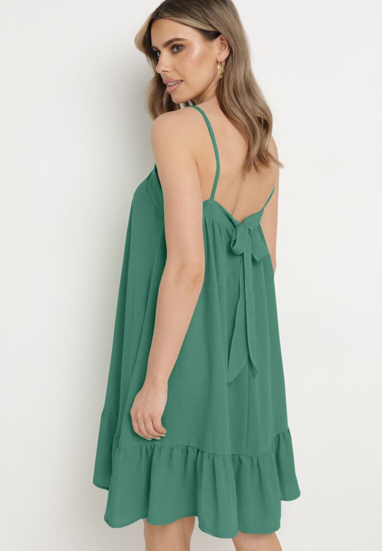 Zielona Rozkloszowana Sukienka na Ramiączkach Wiązana z Tyłu Naisa