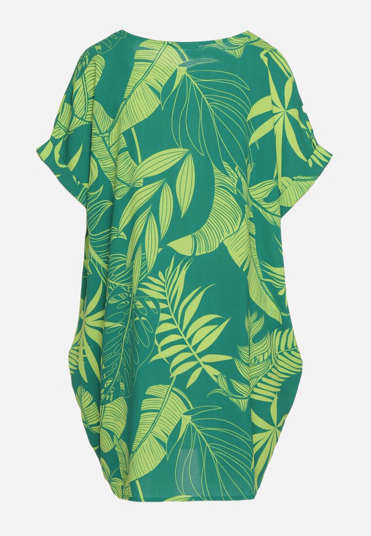 Zielona Sukienka z Roślinnym Wzorem z Krótkim Rękawem i Wsuwanymi Kieszeniami Ellaria