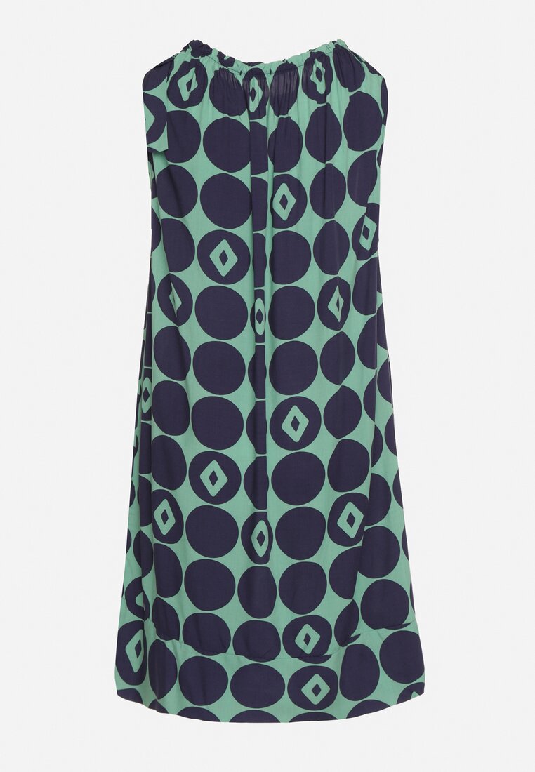 Granatowo-Zielona Sukienka z Wiskozy o Pudełkowym Fasonie w Geometryczny Wzór Raloen