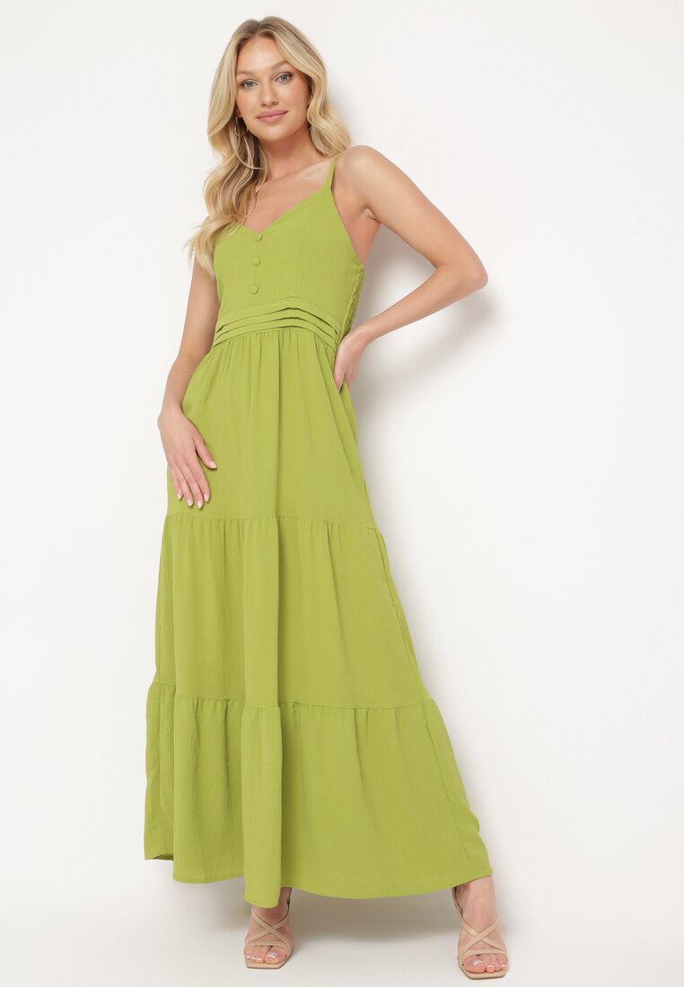 Zielona Sukienka na Regulowanych Ramiączkach z Gumką w Pasie Ebisina