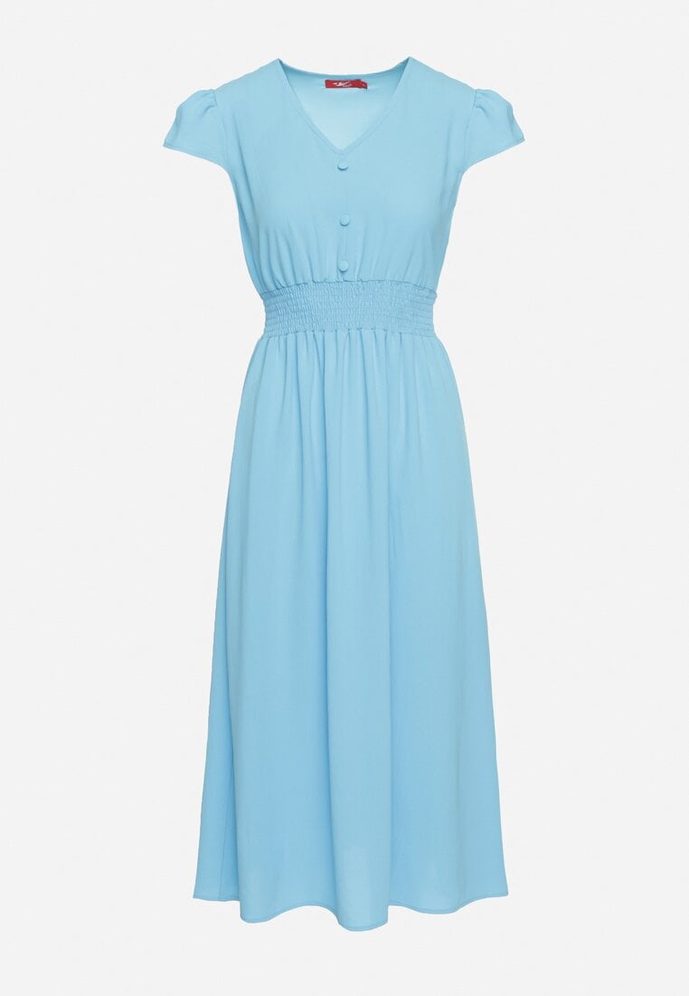 Niebieska Rozkloszowana Sukienka z Gumką w Pasie Ozdobiona Guzikami Timaxre