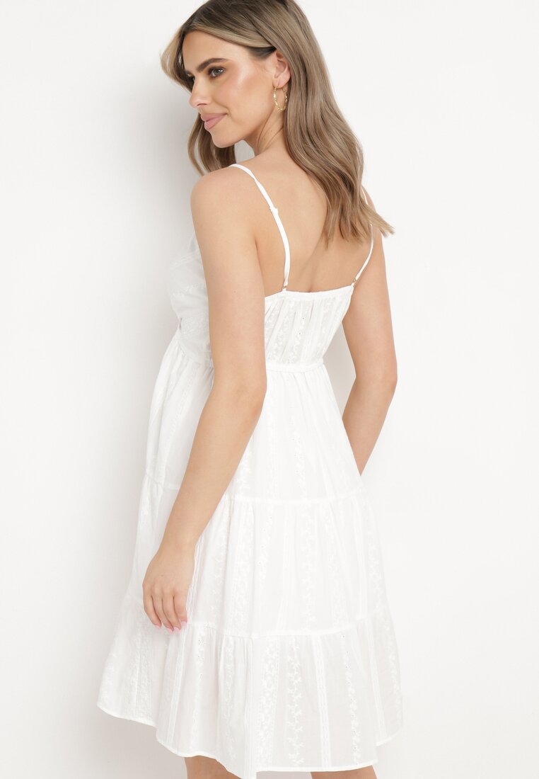 Biała Bawełniana Sukienka z Gumką w Pasie na Regulowanych Ramiączkach Zaloeni
