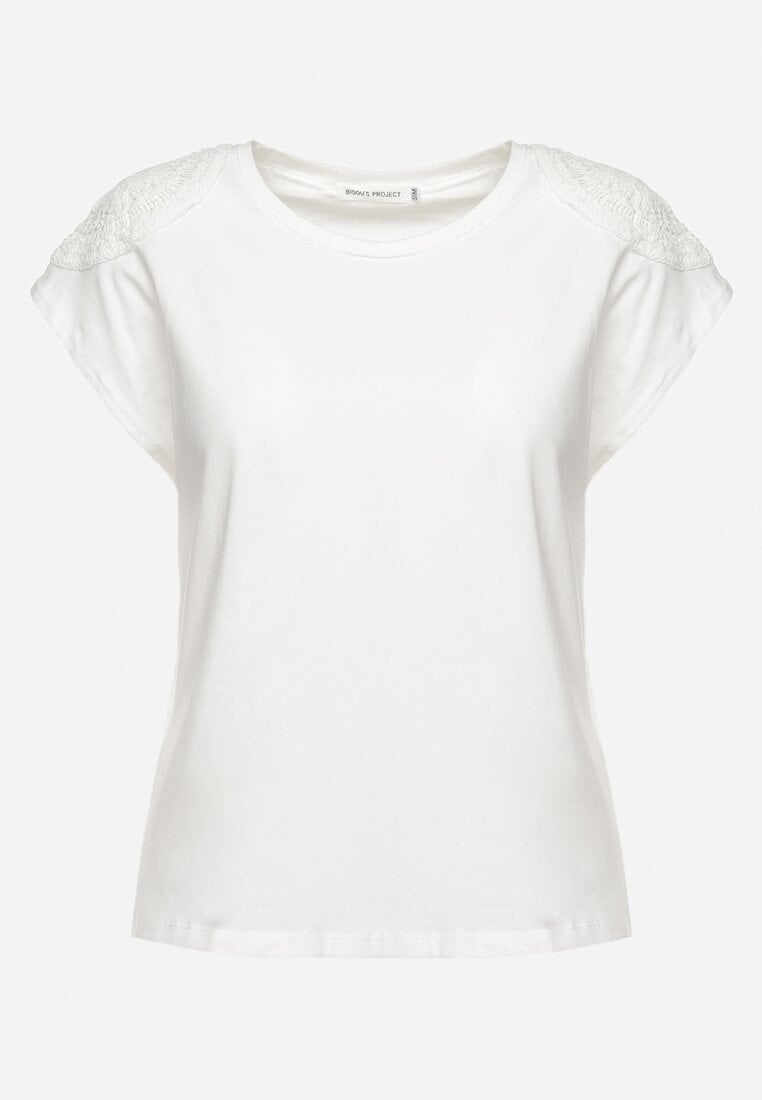 Biały Bawełniany T-shirt z Ażurowym Wzorem i Krótkim Rękawem Timamla