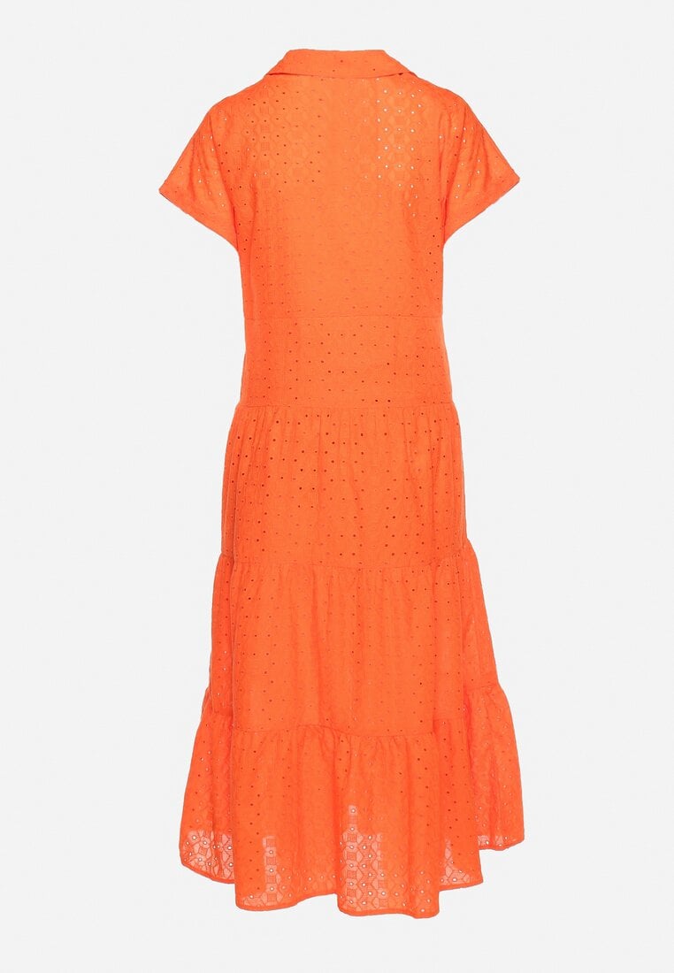 Pomarańczowa Bawełniana Sukienka o Ażurowym Wykończeniu z Krótkim Rękawem Zapinana na Guziki Kataria