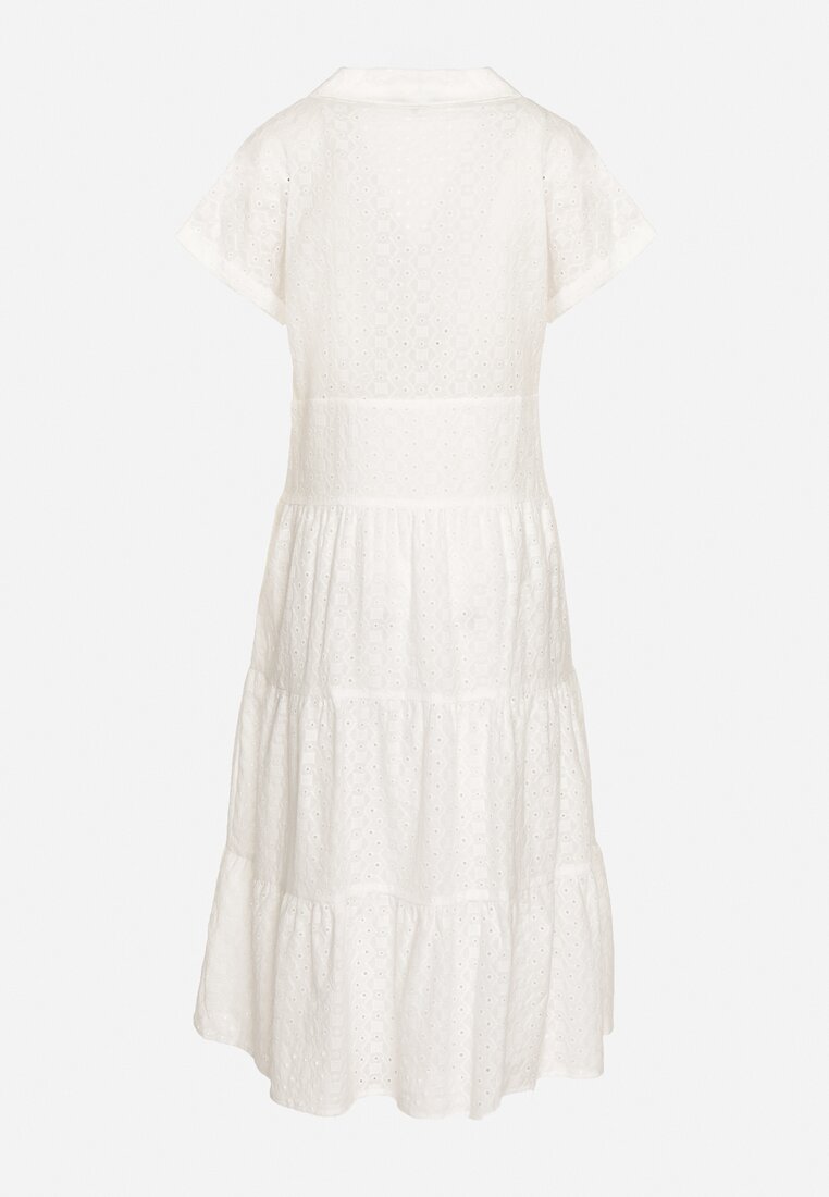 Biała Bawełniana Sukienka o Ażurowym Wykończeniu z Krótkim Rękawem Zapinana na Guziki Kataria