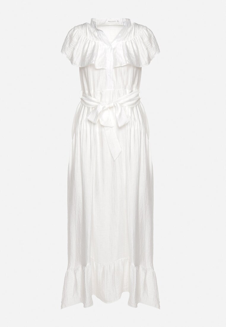 Biała Rozkloszowana Sukienka z Wiskozą Ozdobiona Falbankami Zapinana na Guziki z Dodatkowym Materiałowym Paskiem Ganesia